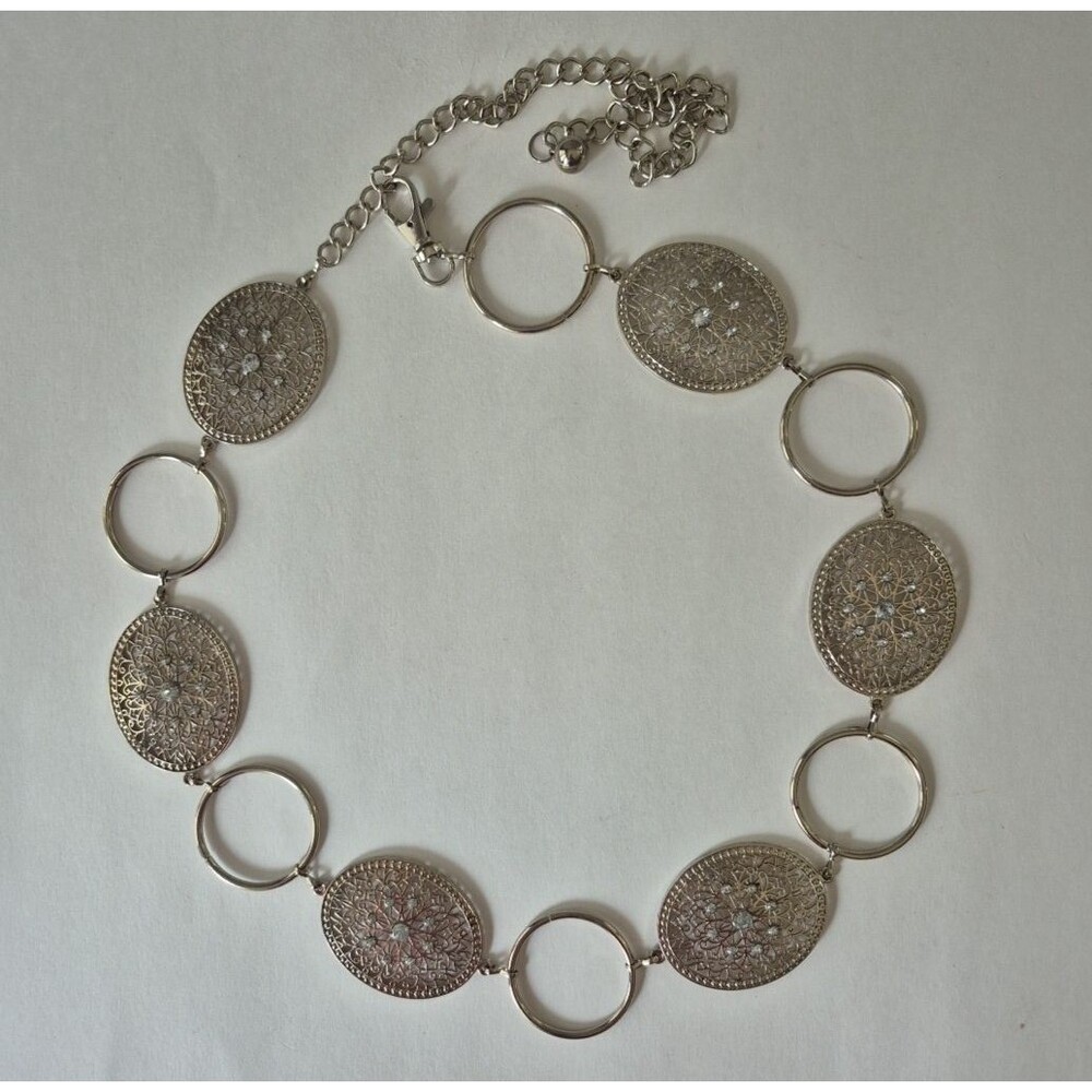 Silver ToneCircle and Oval Filigree Gems Chain Link Waist Hip Belt 44 IN Total